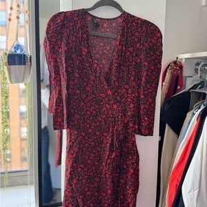 Maje Red and Black Floral Long Sleeve Dress